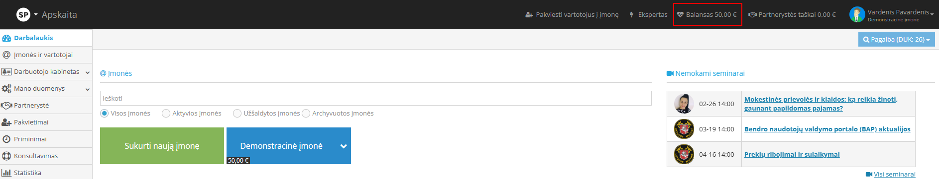 Naujas įmonės balanso likutis po papildymo
